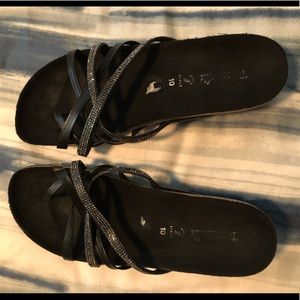 Black flip flops with sparkly straps. Size 10. Made in Italy.